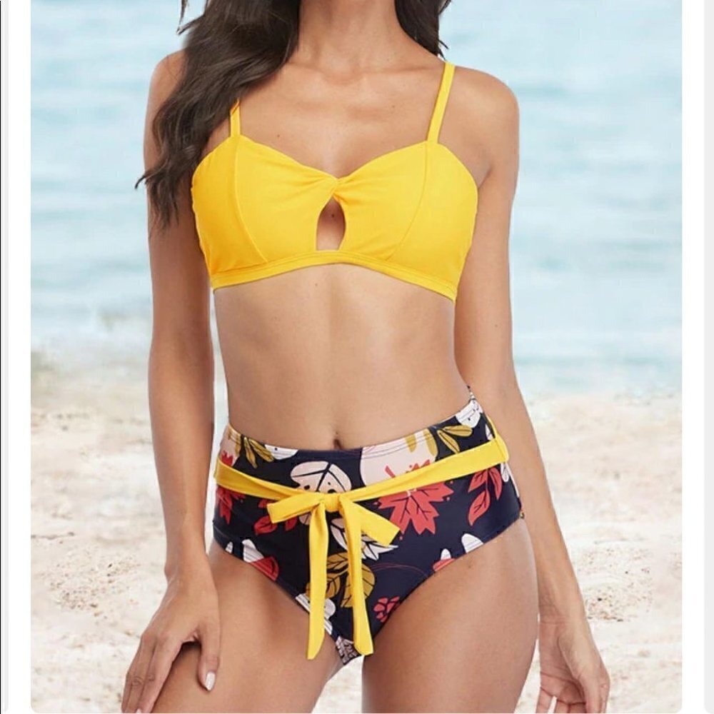 MyCharmo Bandeau Bikini Floral High Waist Lace Up Hollow Front Tie
